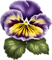 A cartoon pansy with velvety purple and yellow petals. Ai-generated. png