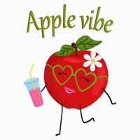 red apple character in green glasses with a glass of lemonade in his hands, apple vibe vector