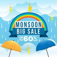 gradient monsoon big sale illustration with clouds and umbrella vector