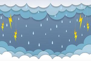 paper cut style illustration clouds with thunderbolts when it rains vector