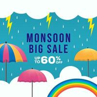 flat monsoon sale banner illustration with clouds, rainbow and umbrella vector