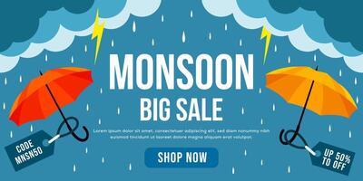 monsoon big sale horizontal banner illustration with umbrella vector