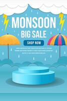 monsoon sale vertical banner illustration with podium vector