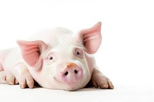 Cute lying down pig portrait on white background photo