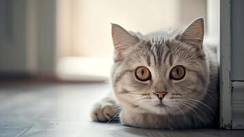 Cute cat lying on floor at home closeup photo