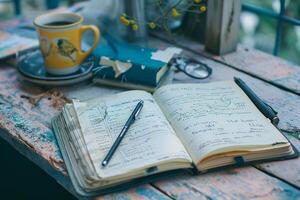 Open bullet journal with pen is lying on old vintage wooden table. photo