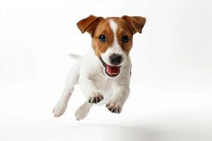 linda juguetón Jack Russell terrier perrito en movimiento, saltando, corriendo aislado en blanco estudio antecedentes. concepto de movimiento, animal vida, bandera de veterinario clínica. Copiar espacio foto