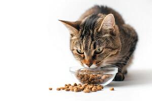 Short-haired grey cat eating dry food from transparent plate on white background. photo