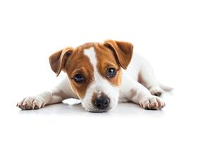 retrato de linda perro raza Jack Russell terrier acostado en blanco piso en blanco antecedentes con Copiar espacio. gracioso perrito foto
