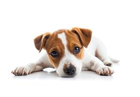 Portrait of cute dog breed Jack Russell Terrier lying on white floor on white background with copy space. Funny puppy photo