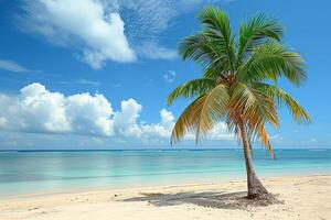 tropical paisaje con palma árbol en playa, blanco arena, azur Oceano olas y nubes en soleado cielo. idílico verano naturaleza, ideal para turista bandera foto