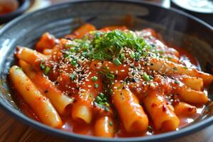 tteokbokki en bol. coreano arroz pastel palo con salchicha en picante salsa foto