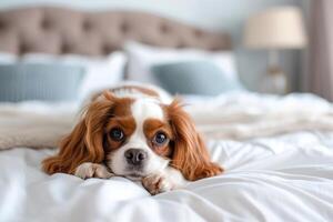 Cute puppy cavalier king spaniel lying on bed in room. Small ginger dog on blanket looking at camera. photo