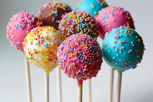 Colorful cake pops on white background photo