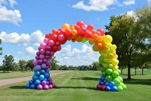 Arch of multicolored rainbow balloons on natural landscape with grass and trees. photo