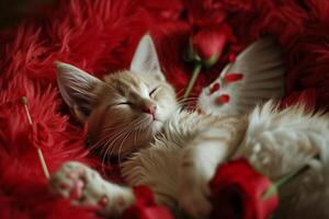 Angel Cupid cute kitty with rose. Kitten with wings sleeps on red blanket in rose petals photo