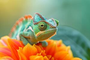 Chameleon on tropical flower. Reptile animal close-up in nature photo