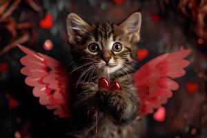 Angel Cupid cute kitty with heart. Kitten with red wings photo