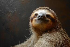 Portrait of smiling sloth on dark background. photo