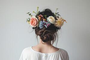 niña en flor guirnalda, gris fondo, posterior vista. mujer con floral corona, símbolo de verano foto