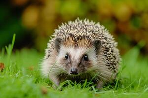 Small hedgehog pet on green grass outdoors in summer day. Woodland animal portrait in wildlife photo