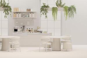 Small modern Korean style design cafe, glossy ivory white round corner counter, cake display, professional espresso machine, bar table, stool by window for interior design decoration background 3D photo