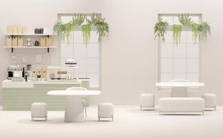 Small modern Korean style design cafe, glossy ivory white round corner counter, cake display, professional espresso machine, bar table, stool by window for interior design decoration background 3D photo