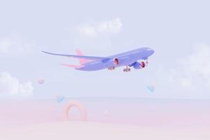 Pastel purple plane flying in the sky with clouds. Plane take off and pastel background. Airline concept travel plane passengers. Advertisement idea. 3D Creative composition. photo