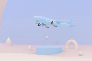 Blue plane flying in the sky with geometric abstract . Plane take off and pastel background. Airline concept travel plane passengers. Advertisement idea. 3D Creative composition. photo