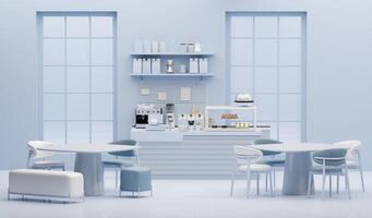 3D render modern white and blue style cafe counter with big window, with espresso coffee making machine, stack of eco friendly paper cup. Morning sunlight, Bistro, Business, Space, Blank photo
