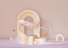 Pink plane flying in the sky with geometric abstract . Plane take off and pastel background. Airline concept travel plane passengers. Advertisement idea. 3D Creative composition. photo