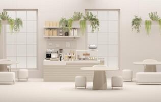 Small modern Korean style design cafe, glossy ivory white round corner counter, cake display, professional espresso machine, bar table, stool by window for interior design decoration background 3D photo