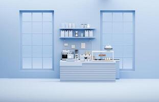 3D render modern white and blue style cafe counter with big window, with espresso coffee making machine, stack of eco friendly paper cup. Morning sunlight, Bistro, Business, Space, Blank photo