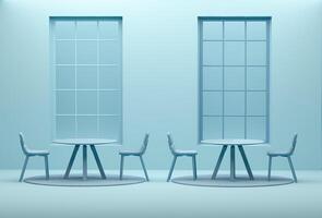 Interior of the room in plain monochrome pastel blue color with big window, table and chairs. Light background with copy space. photo