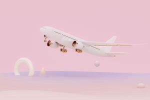 white plane flying in the sky with geometric abstract . Plane take off and pastel background. Airline concept travel plane passengers. Advertisement idea. 3D Creative composition. photo