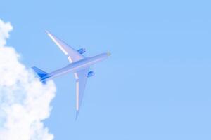 Blue plane flying in the sky with geometric abstract . Plane take off and pastel background. Airline concept travel plane passengers. Advertisement idea. 3D Creative composition. photo