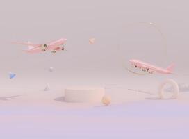 Pink plane flying in the sky with geometric abstract . Plane take off and pastel background. Airline concept travel plane passengers. Advertisement idea. photo