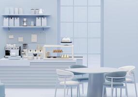 3D render modern white and blue style cafe counter with big window, with espresso coffee making machine, stack of eco friendly paper cup. Morning sunlight, Bistro, Business, Space, Blank photo