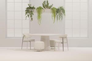 Empty mockup space for product display on various creeper plants, big window beautiful plants hanging, white dining table with minimal armchairs in minimal bright dining room. photo