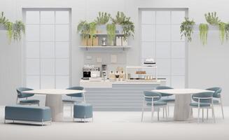 3D render modern white and blue style cafe counter with big window, with espresso coffee making machine, stack of eco friendly paper cup. Morning sunlight, Bistro, Business, Space, Blank photo
