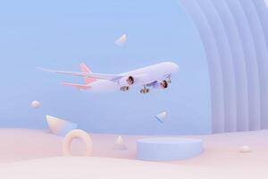 Pastel purple plane flying in the sky with clouds. Plane take off and pastel background. Airline concept travel plane passengers. Advertisement idea. 3D Creative composition. photo