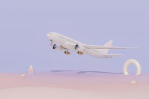 white plane flying in the sky with geometric abstract . Plane take off and pastel background. Airline concept travel plane passengers. Advertisement idea. 3D Creative composition. photo