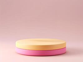 amarillo y rosado podio, redondo forma para producto en un rosado antecedentes foto