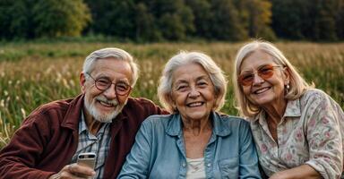 Group of active elderly people travel and take selfies, smiling happily at the camera. Picnic in the meadow. photo