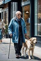 guía perro ayuda un mayor hombre con pobre vista a moverse alrededor el ciudad. foto