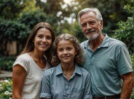 contento abuelo con su nietas es sonriente felizmente en contra el antecedentes de un hermosa jardín. foto