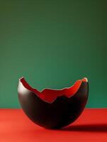 Broken egg shell painted in black and red, with green background. Freedom, slavery, black history background. photo