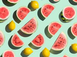 Summertime, colorful flat lay. Watermelons slices and lemons pattern on a pastel cyan background. photo