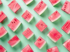 Flat lay photo of precisely cut pink watermelon cubes pattern on a minty background. Summertime, fresh background.