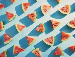 Flat lay photo of pink watermelon triangle slices pattern against pastel blue background. Summertime colorful background